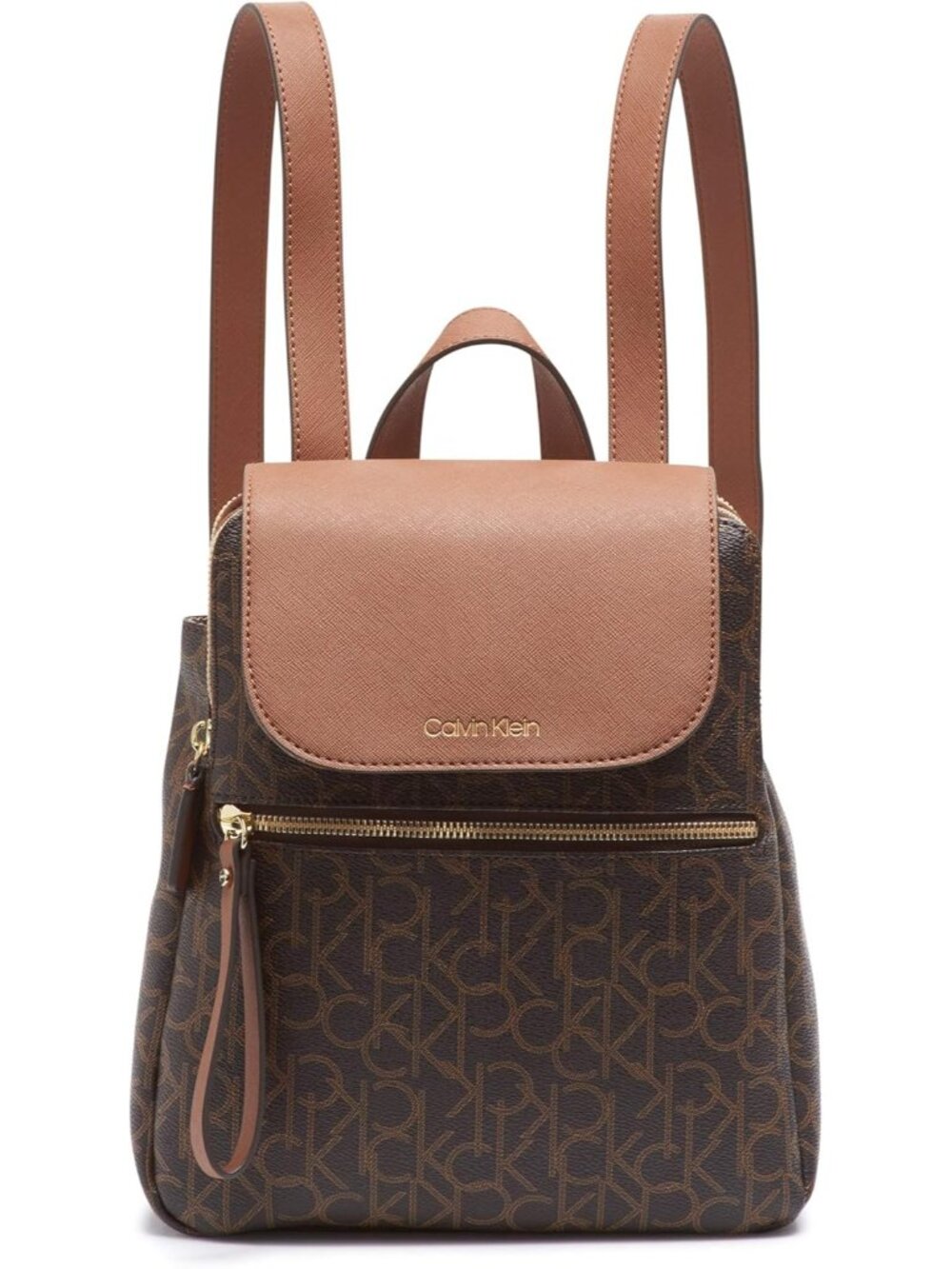 Women's Elaine Signature Key Item Flap Backpack, Brown/Khaki/Luggage Saffiano, O